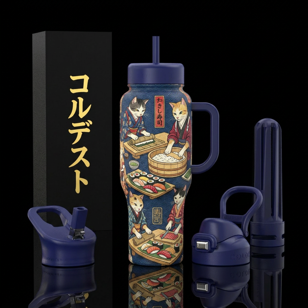Cats making sushi, Japanese water bottle design