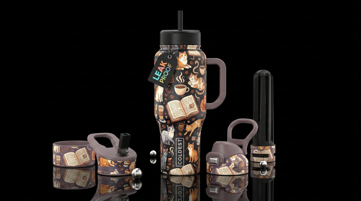 Cats, coffee and books water bottle design