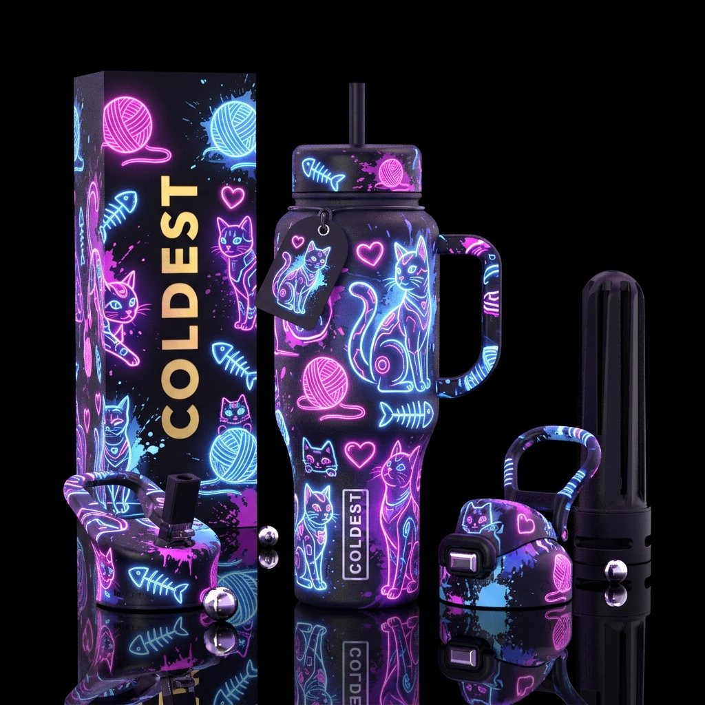 cyberpunk neon, cozy cat café energy, mid of playf... water bottle design