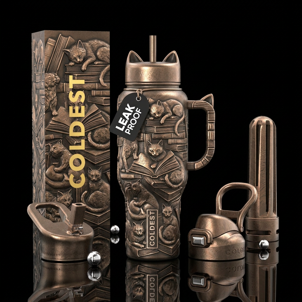 Cats and books water bottle design