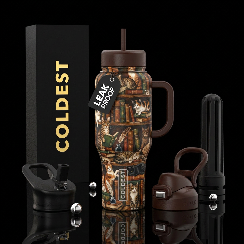 Cats and books, rustic, dark brown handle and lids... water bottle design