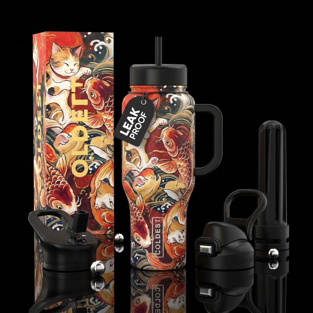 Japanese aesthetic, cats and koi fish, painting st... water bottle design