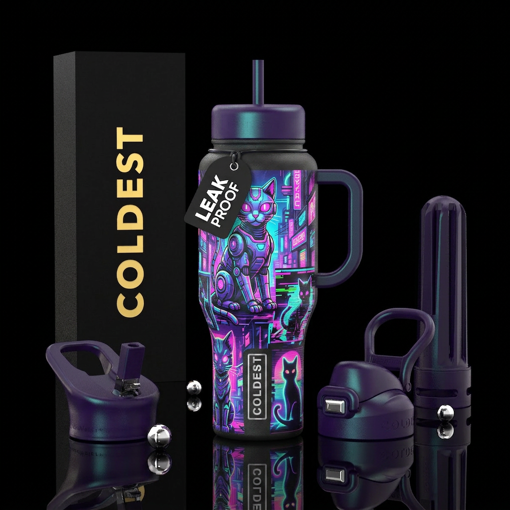 Cyber punk, retro, neon, cats water bottle design