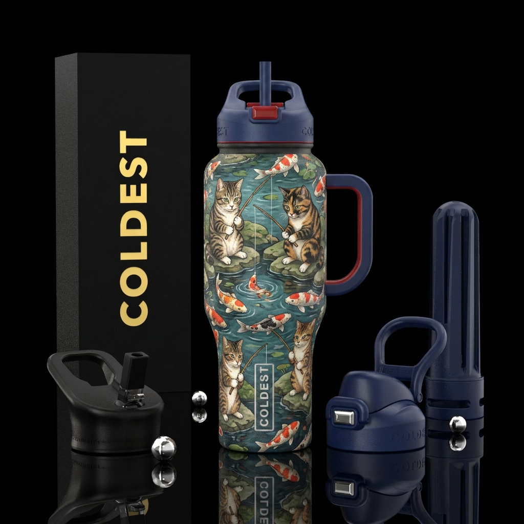 Japanese aesthetic, cats fishing in koi ponds water bottle design