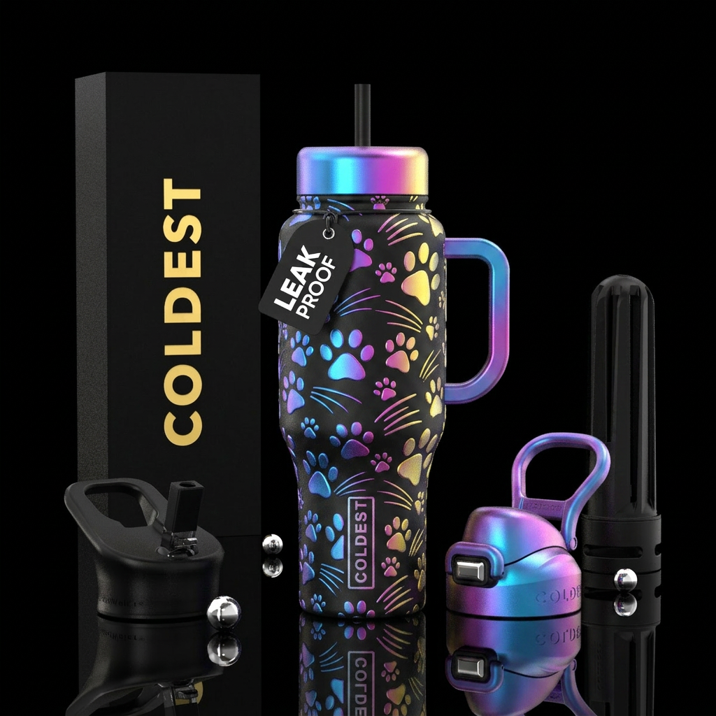 Cat paw prints and whiskers water bottle design
