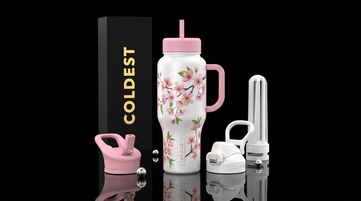 Cherry blossom on glitter white background water bottle design