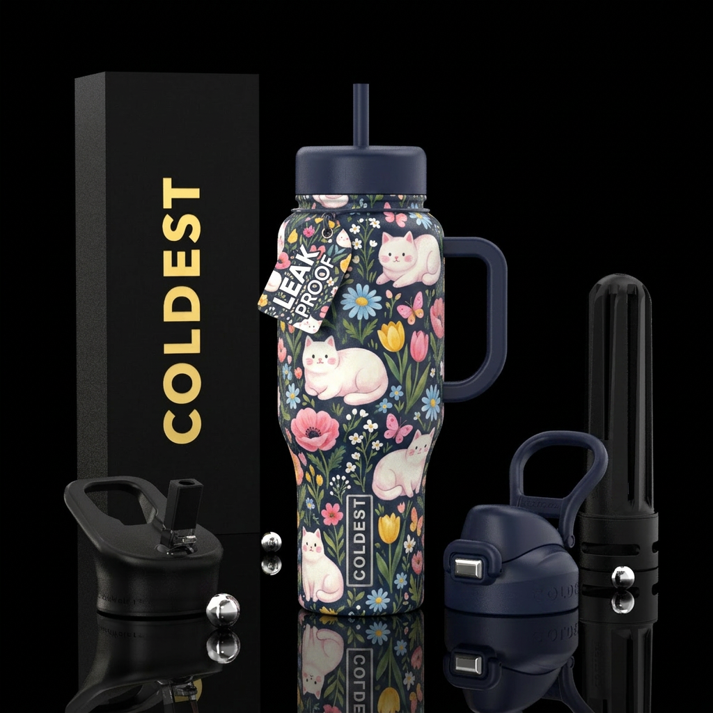 whimsical illustration features a repeating patter... water bottle design