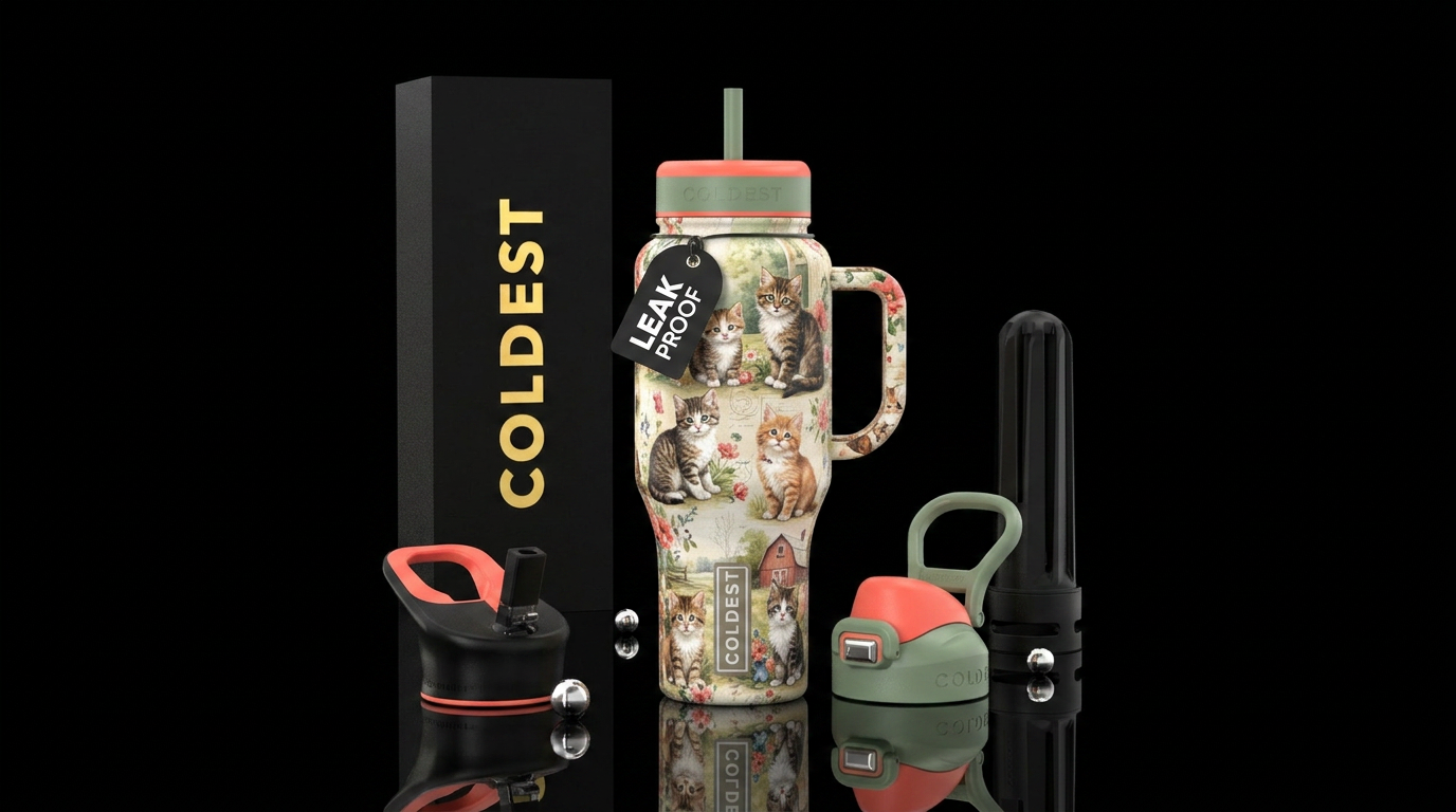 Country cats and kittens water bottle design