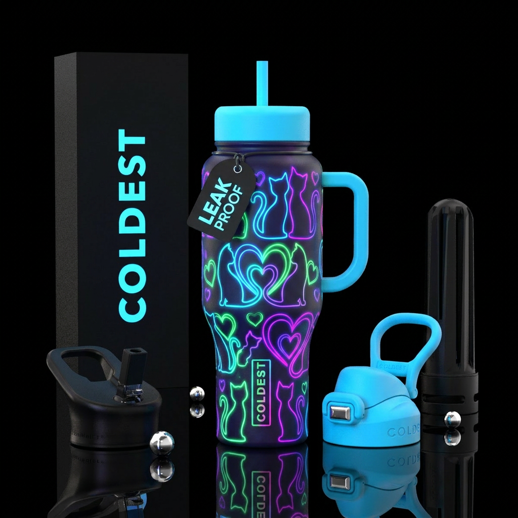 Cat silhouettes and hearts, neon, glow in the dark water bottle design