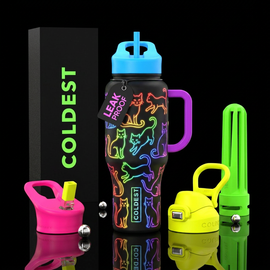Rainbow neon cats water bottle design