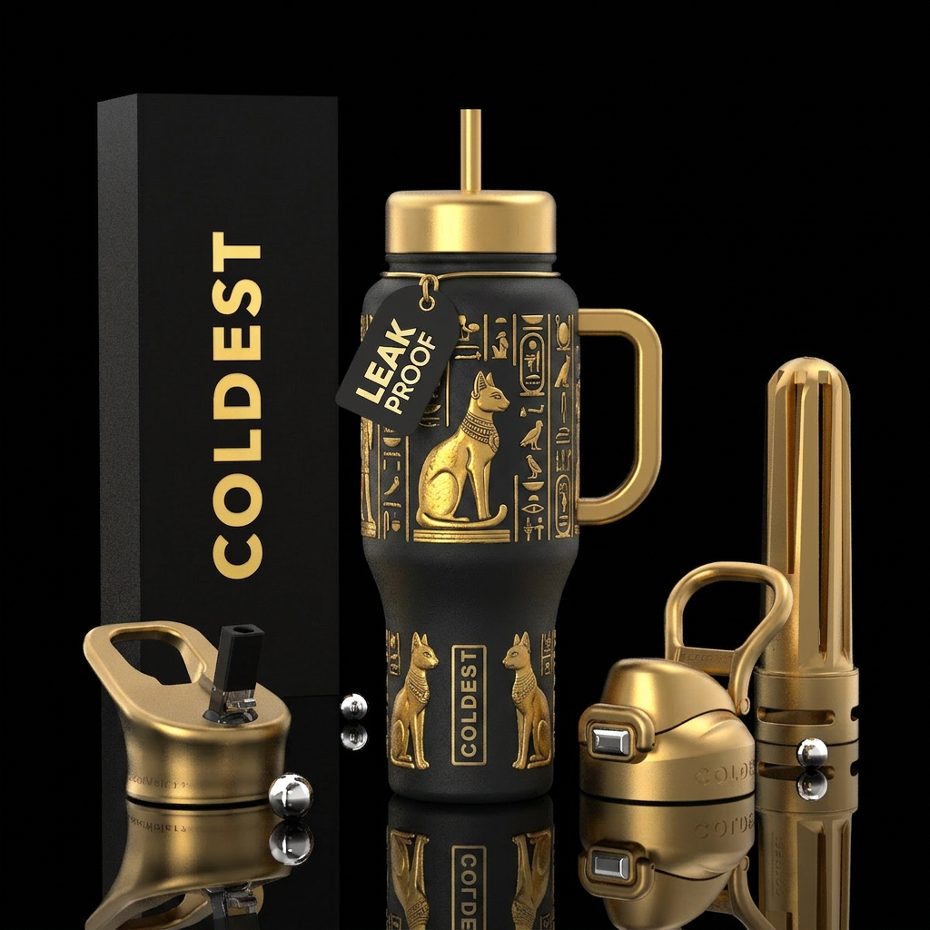 Egyptian cats, gold handle and lid water bottle design