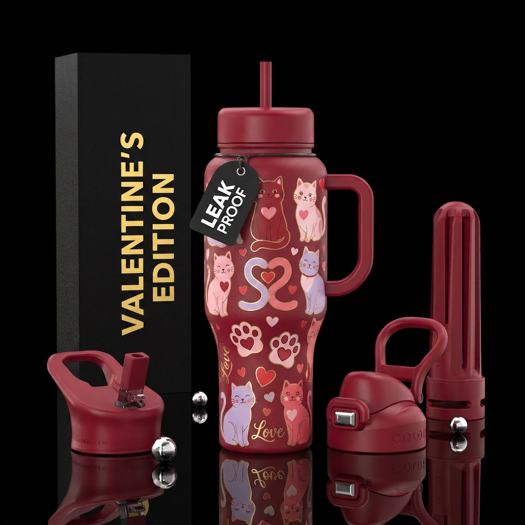 Valentine’s Day cats water bottle design