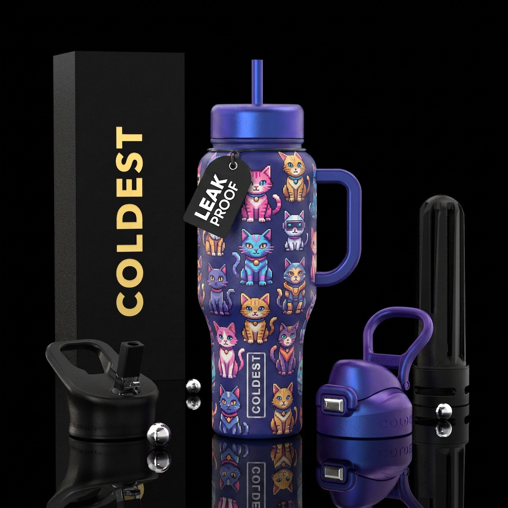 Video game cats water bottle design