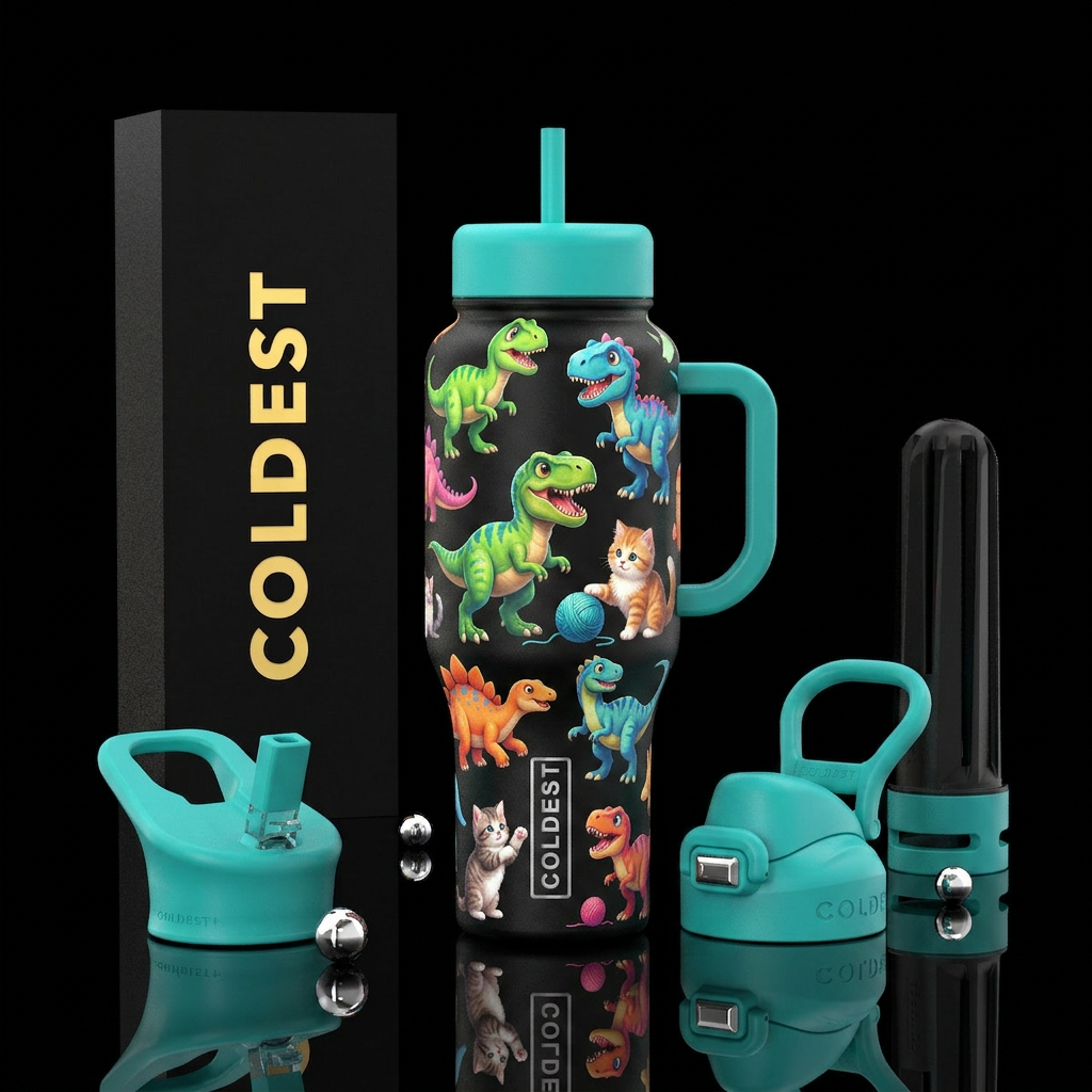 Dinosaurs playing with cats water bottle design