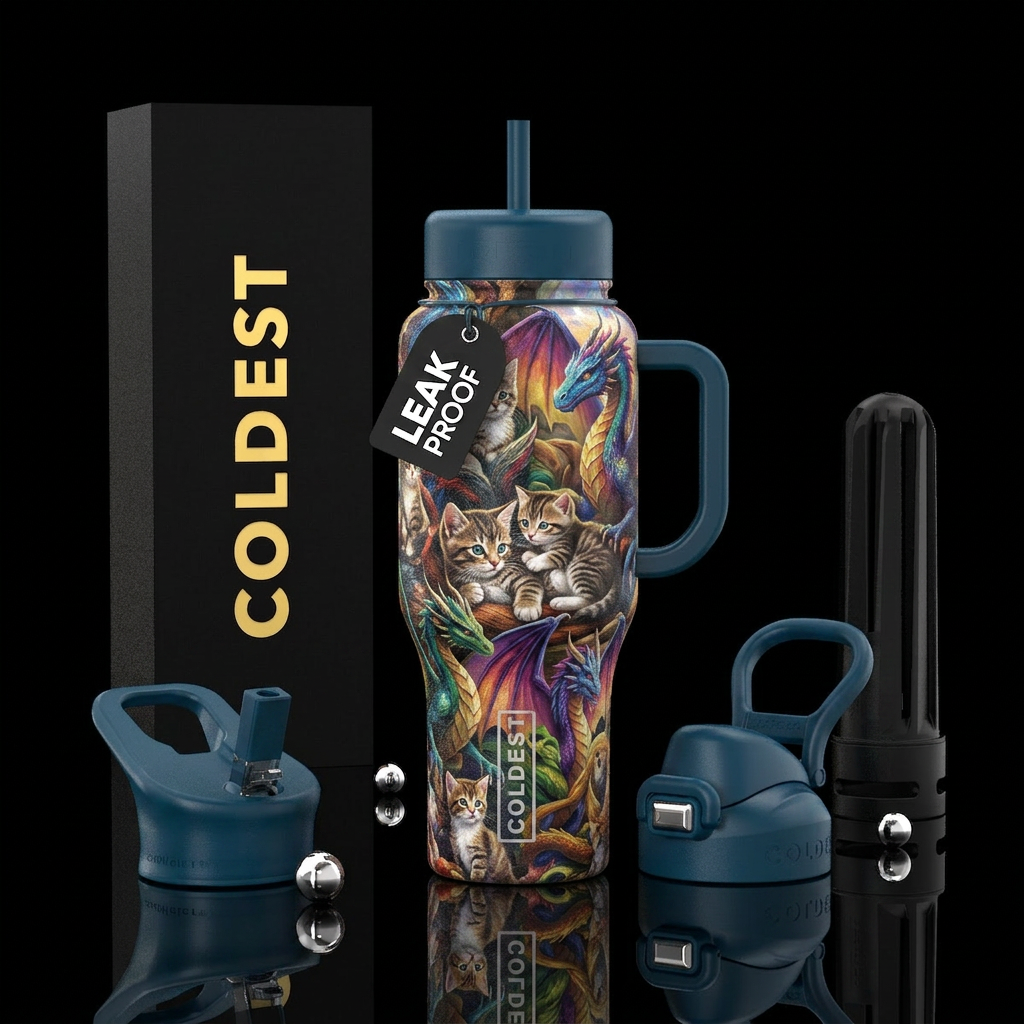 Cats and kittens and dragons water bottle design