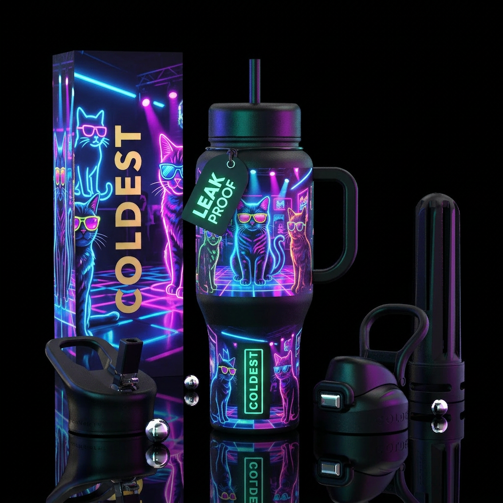 Neon cats with sunglasses at a dance club water bottle design