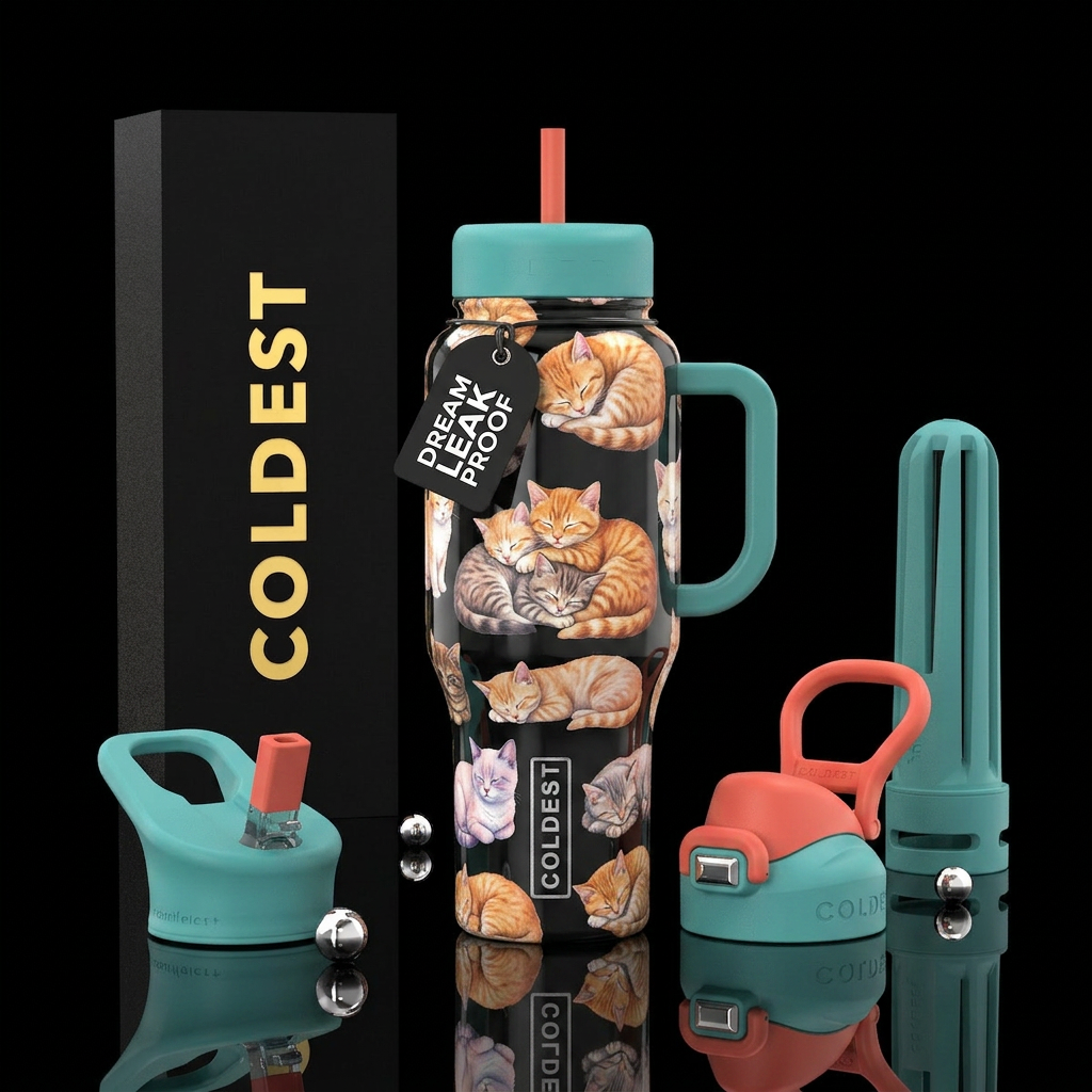 Sleeping cats and kittens water bottle design