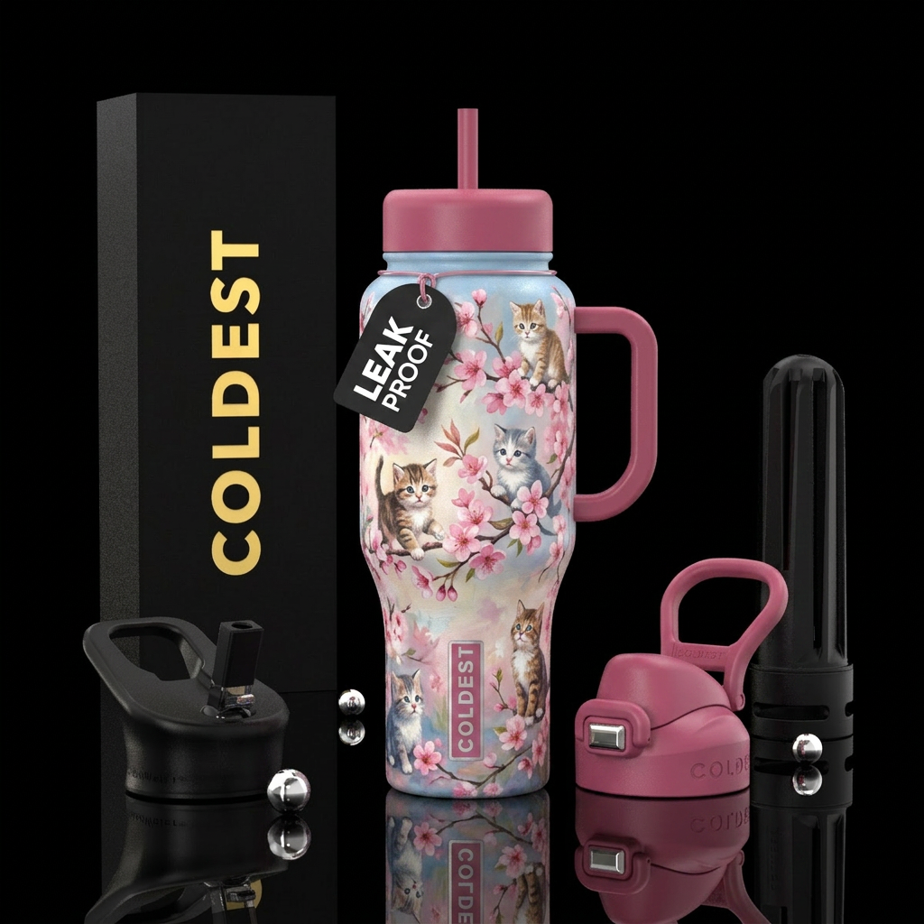 Cats, kittens, cherry blossoms, painting water bottle design