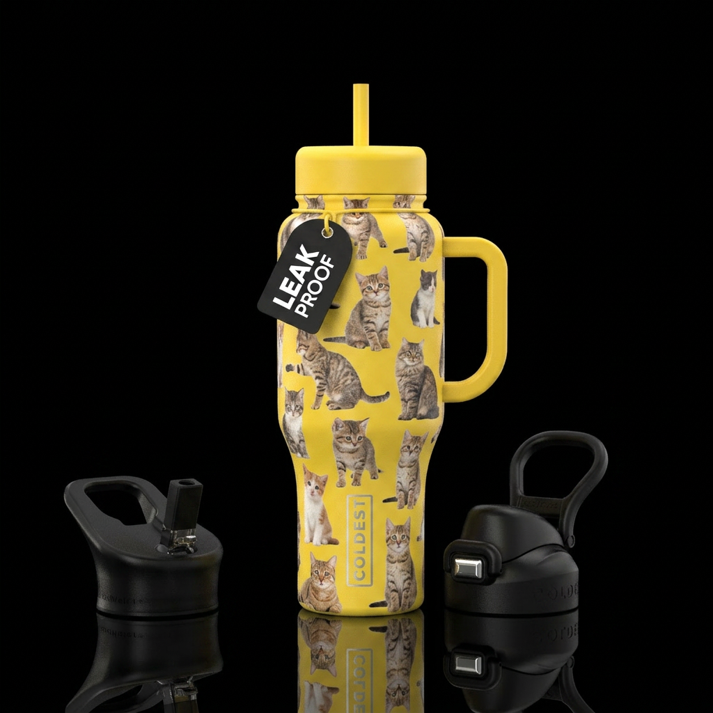 Cats and kittens, yellow lids and handle water bottle design