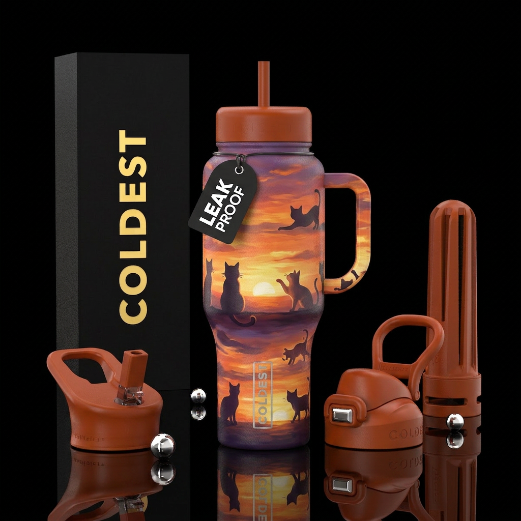 Cats, sunset, painting style water bottle design