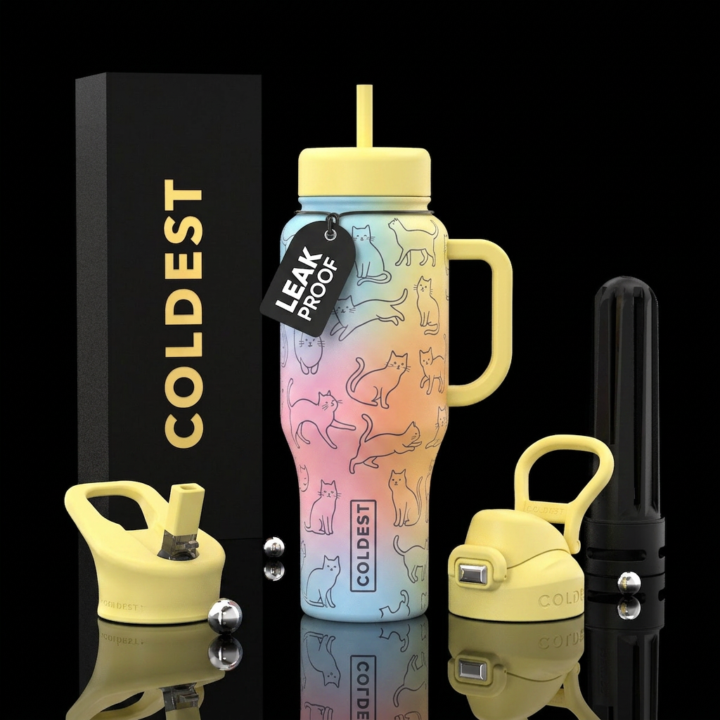 Dark Cat outlines on pastel ombré rainbow cup with... water bottle design