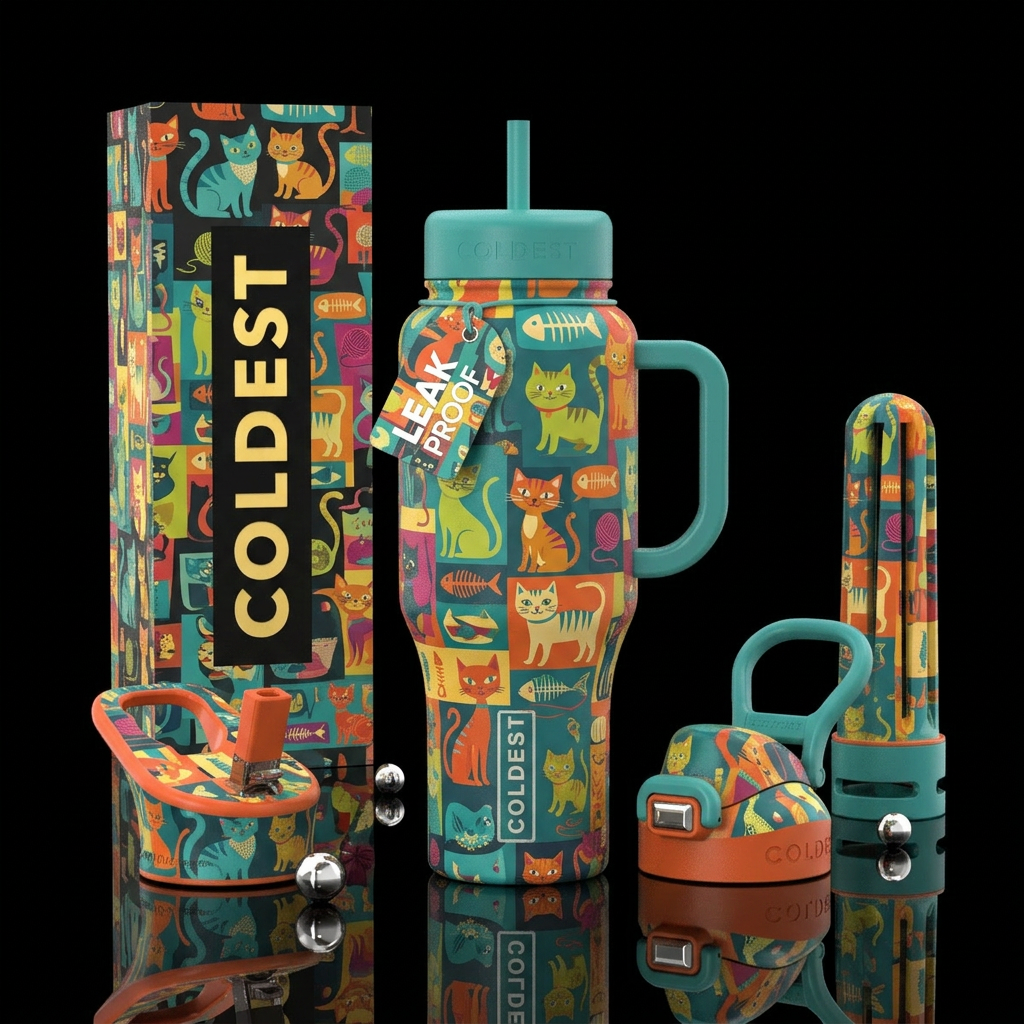 Retro cats and kittens water bottle design