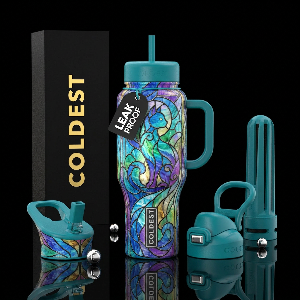 Ombré marble stained glass with cats water bottle design