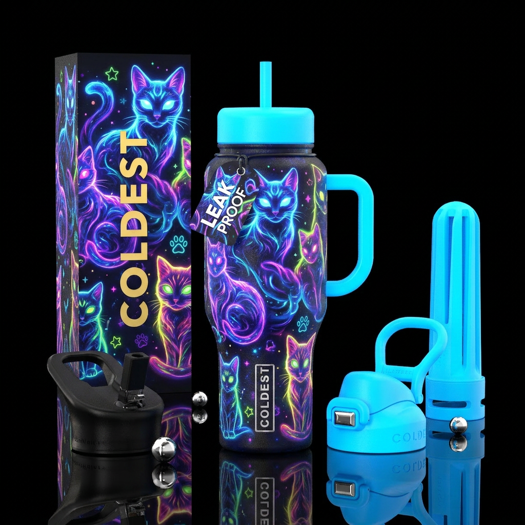 Neon glowie cats water bottle design