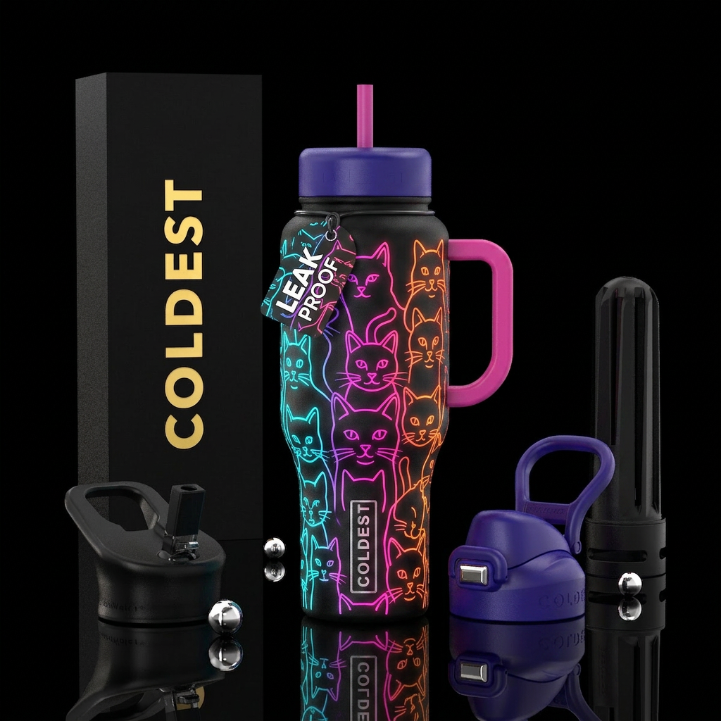 Neon ombré glowie cat outlines water bottle design