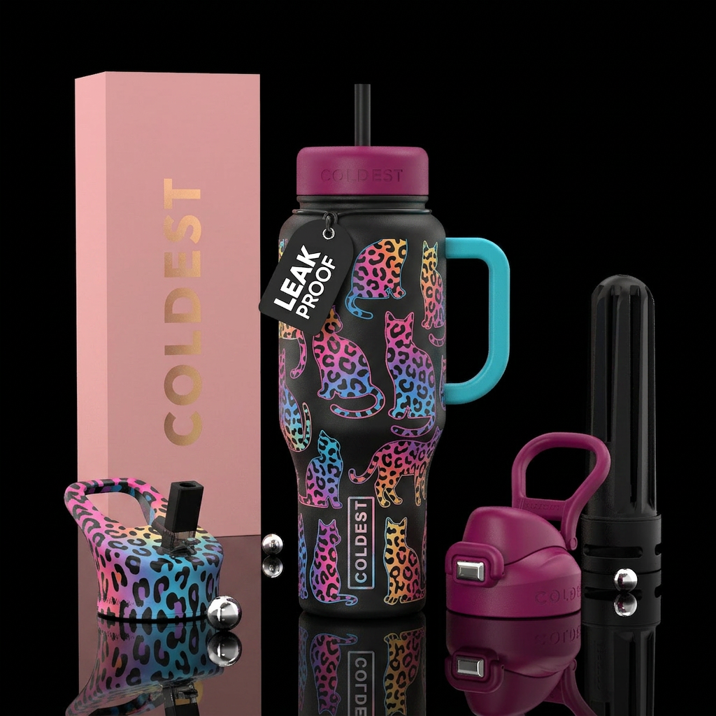 Cat outlines with rainbow leopard print background water bottle design