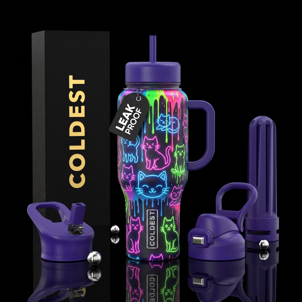 Neon glowie cartoon cat outlines- background of pa... water bottle design