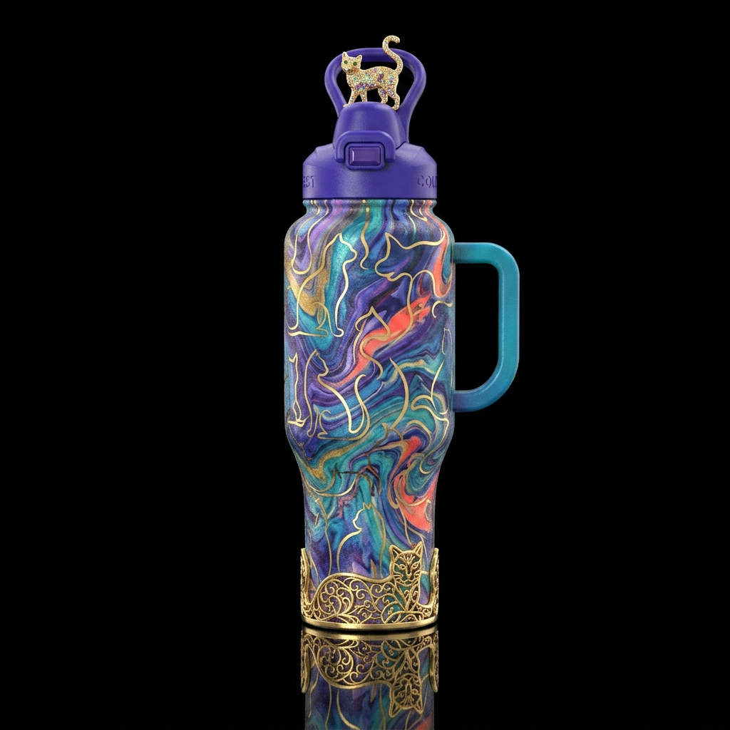 Gold cat outlines on marbled textured background water bottle design