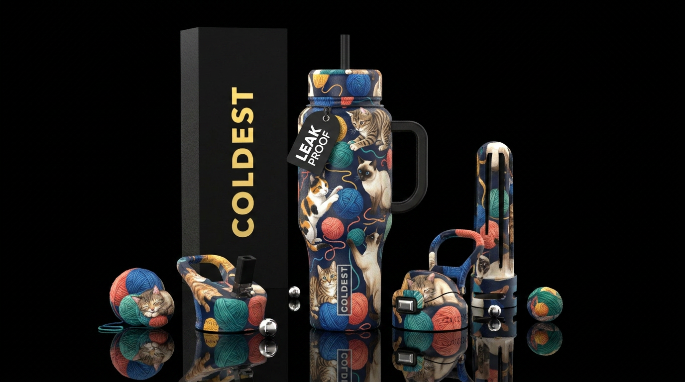 Cats playing with yarn water bottle design