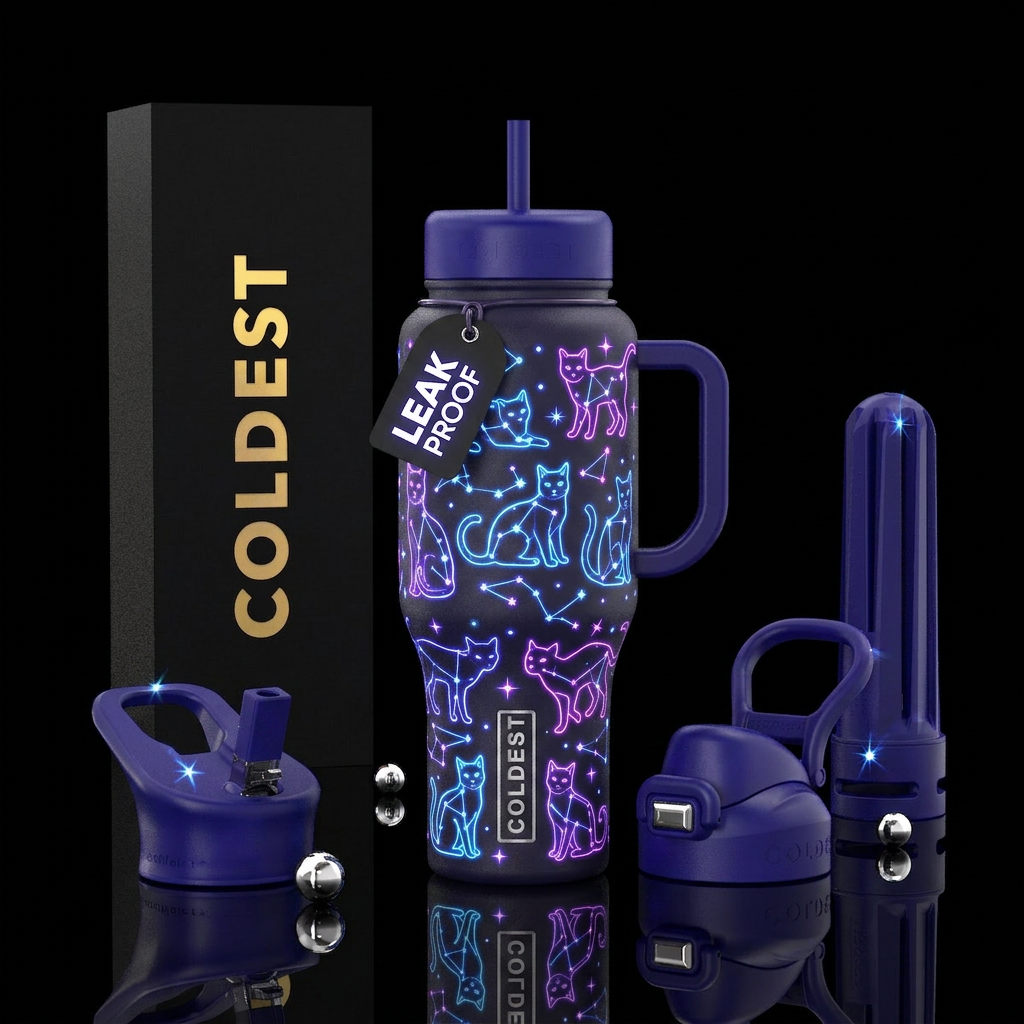 Neon cats constellations water bottle design