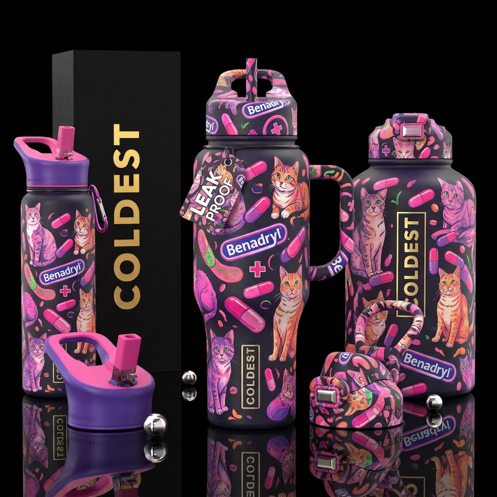 Cats and Benadryl water bottle design