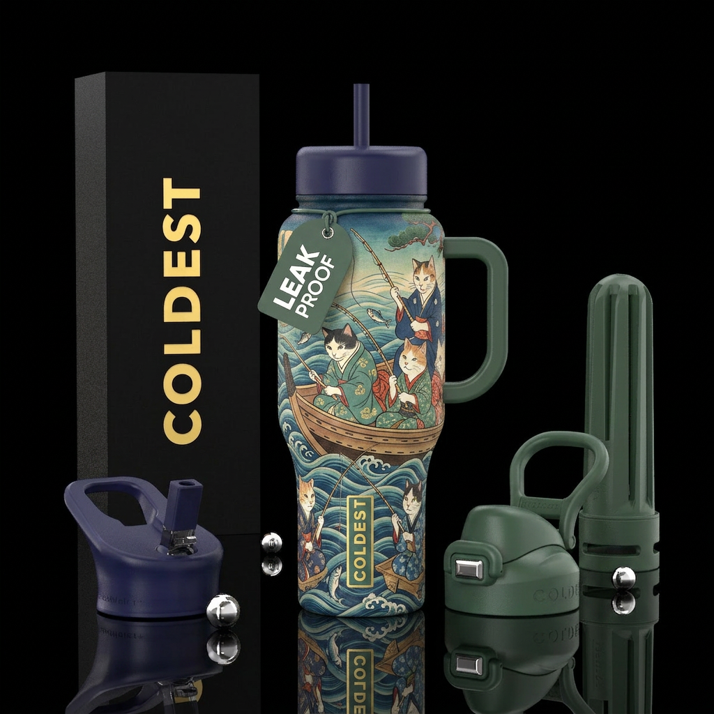 Japanese aesthetic painting of cats fishing water bottle design