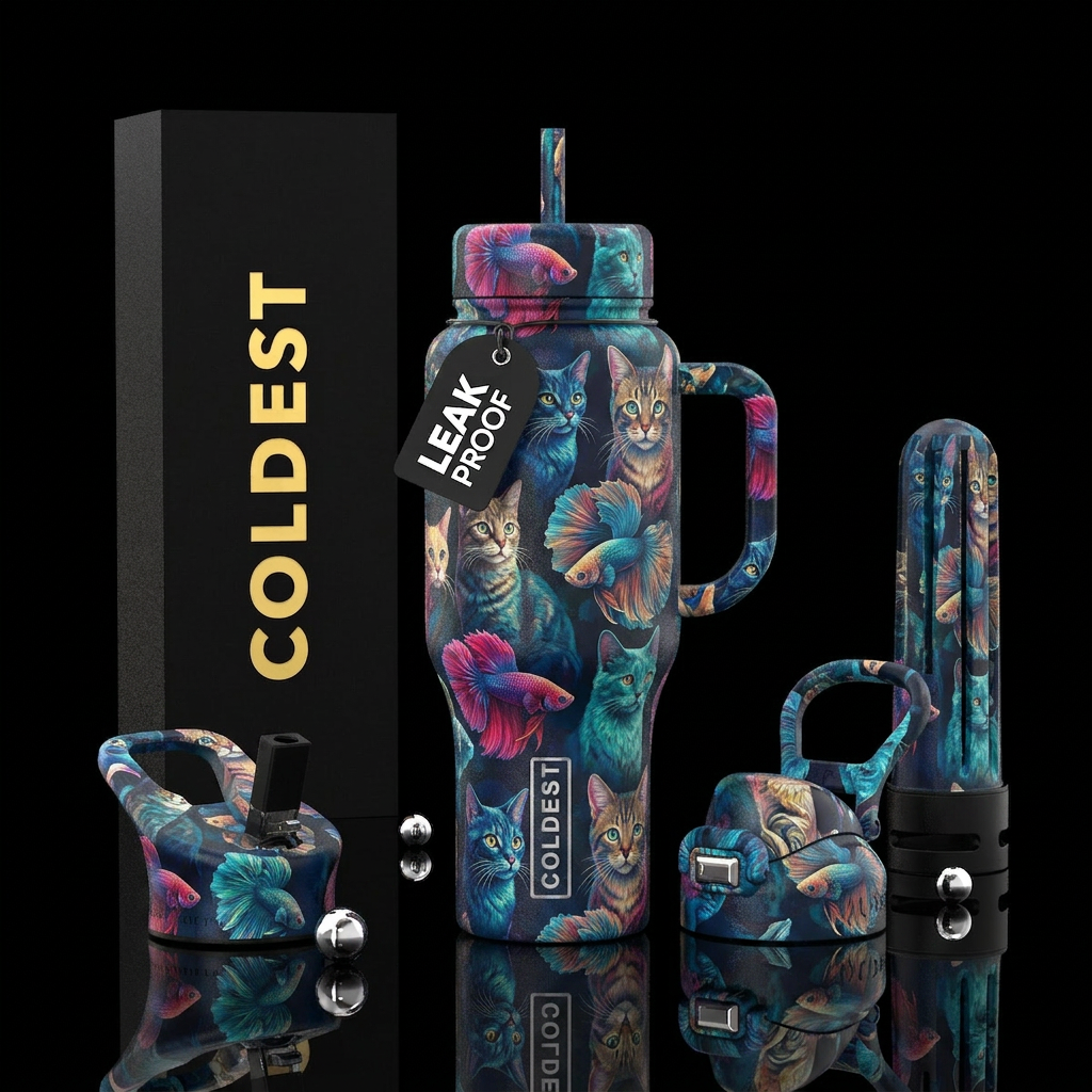 Cats and beta fish water bottle design
