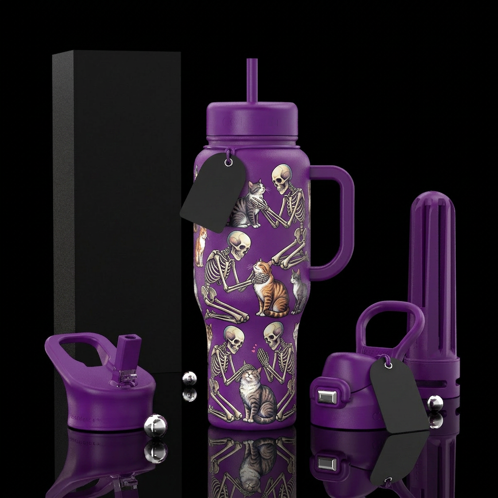 Skeletons petting cats water bottle design