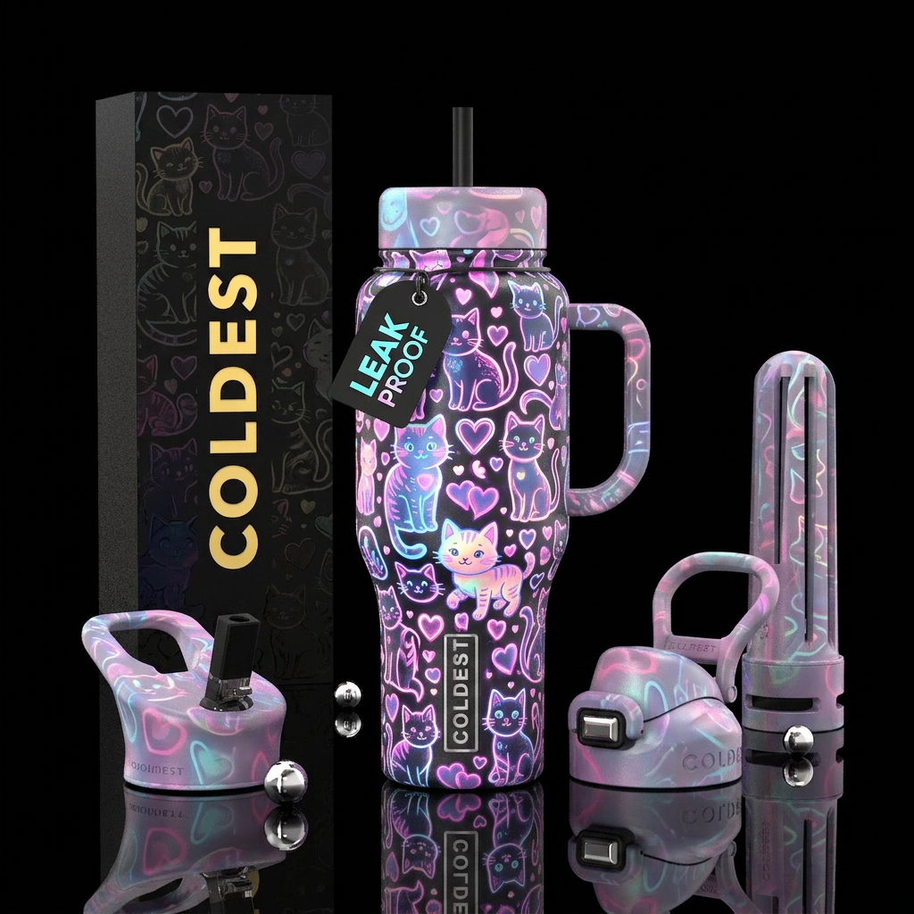 Cats and kittens with hearts neon pastel Valentine... water bottle design