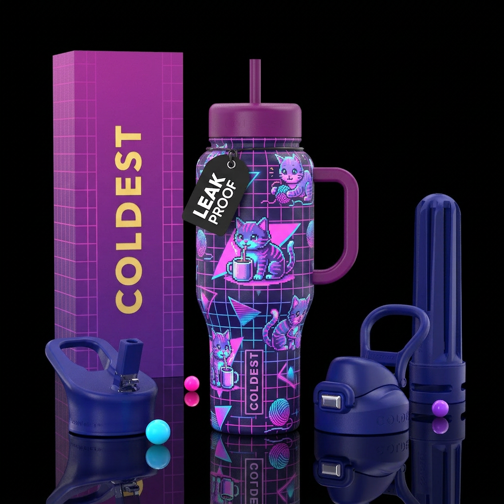 Neon pink, blue, and purple colors. * Cats drinkin... water bottle design