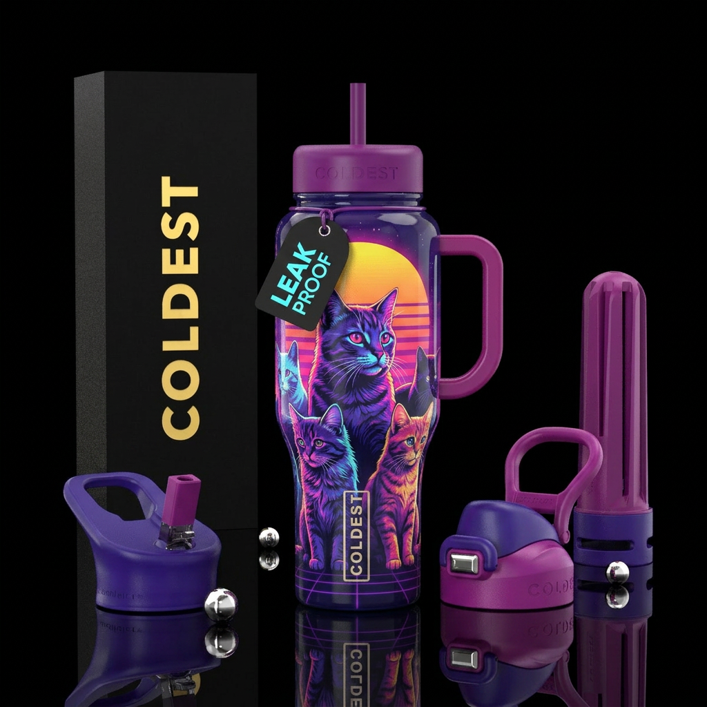 Synthwave retro sunset with cats water bottle design