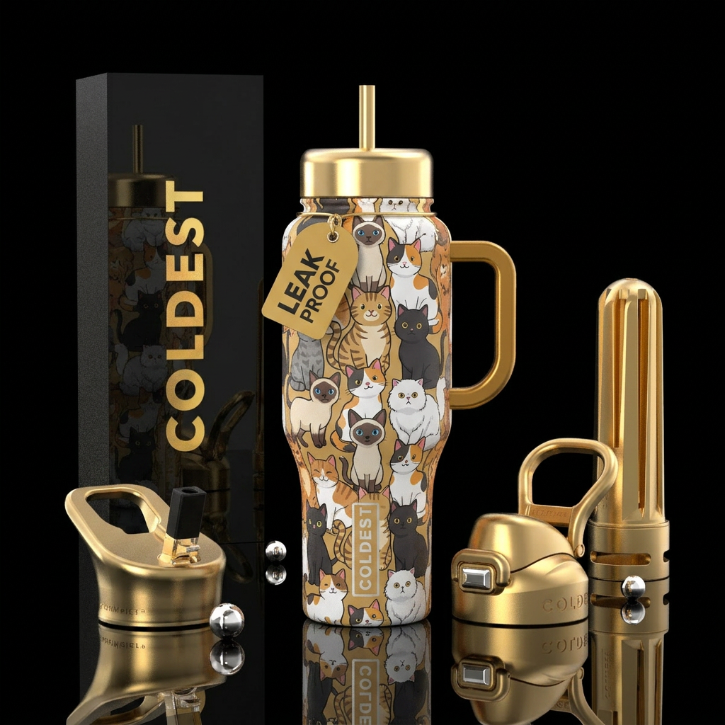 Cartoon cat breeds with gold lids and handle water bottle design