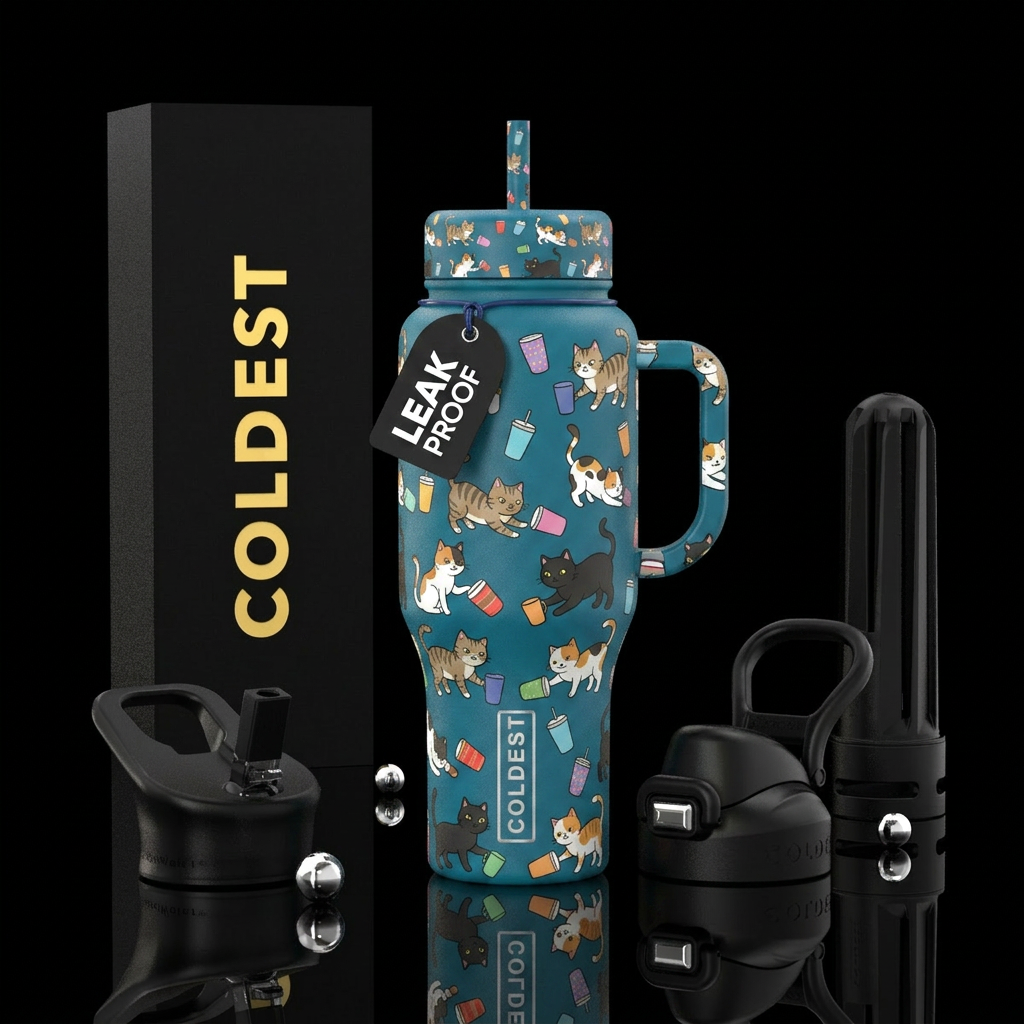 Cats knocking over cups water bottle design