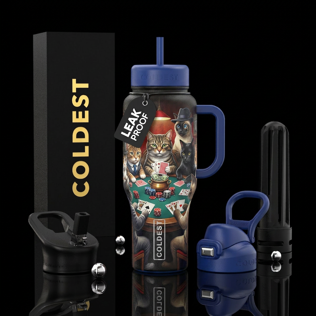 Cats playing poker water bottle design