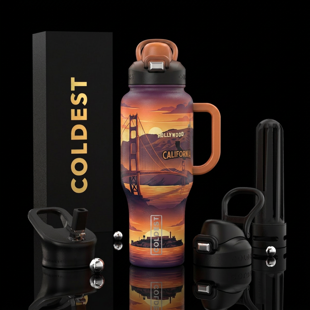 California theme, Golden Gate Bridge, Hollywood si... water bottle design