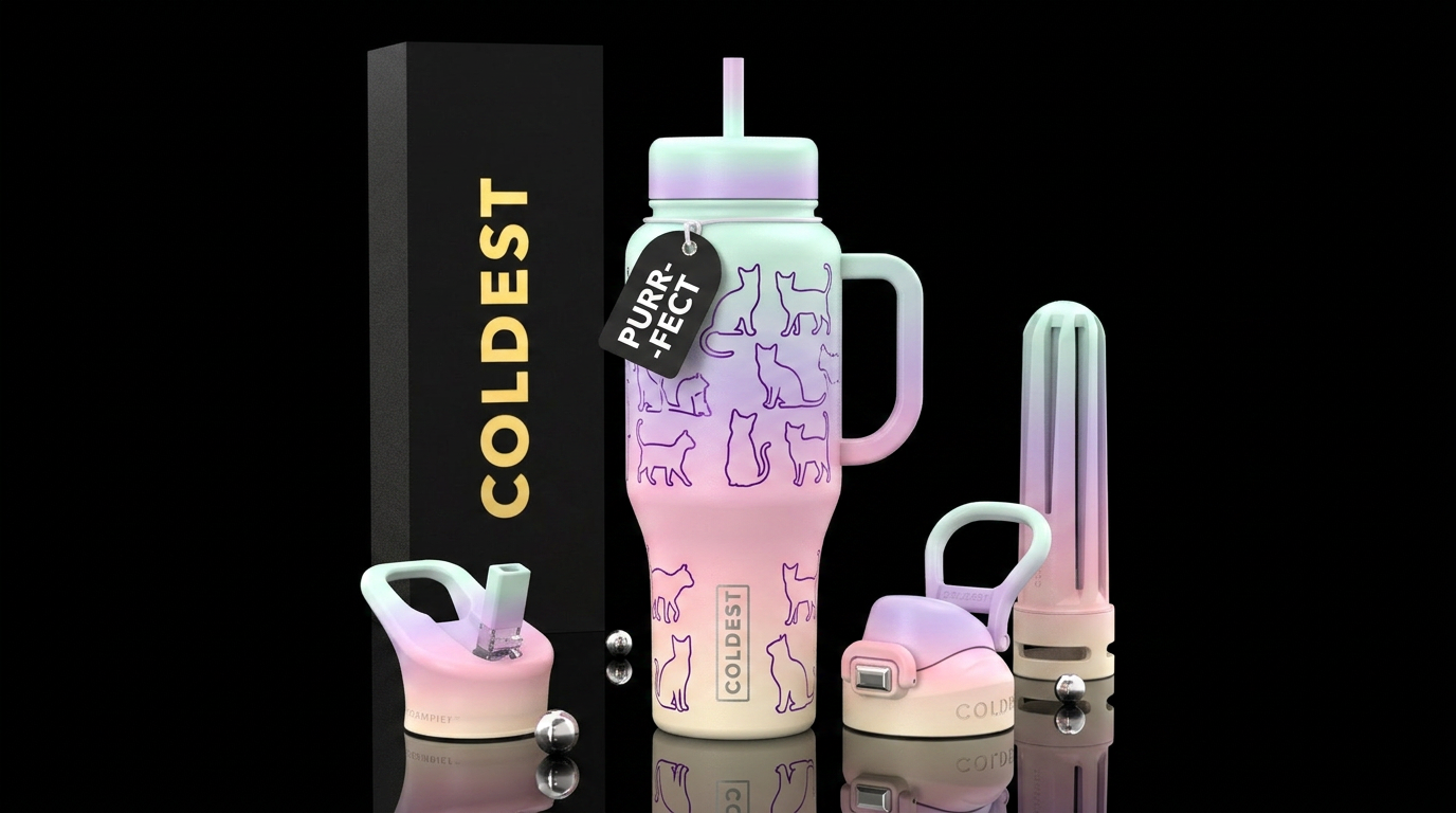 Pastel ombré bottle with dark purple cat outline s... water bottle design