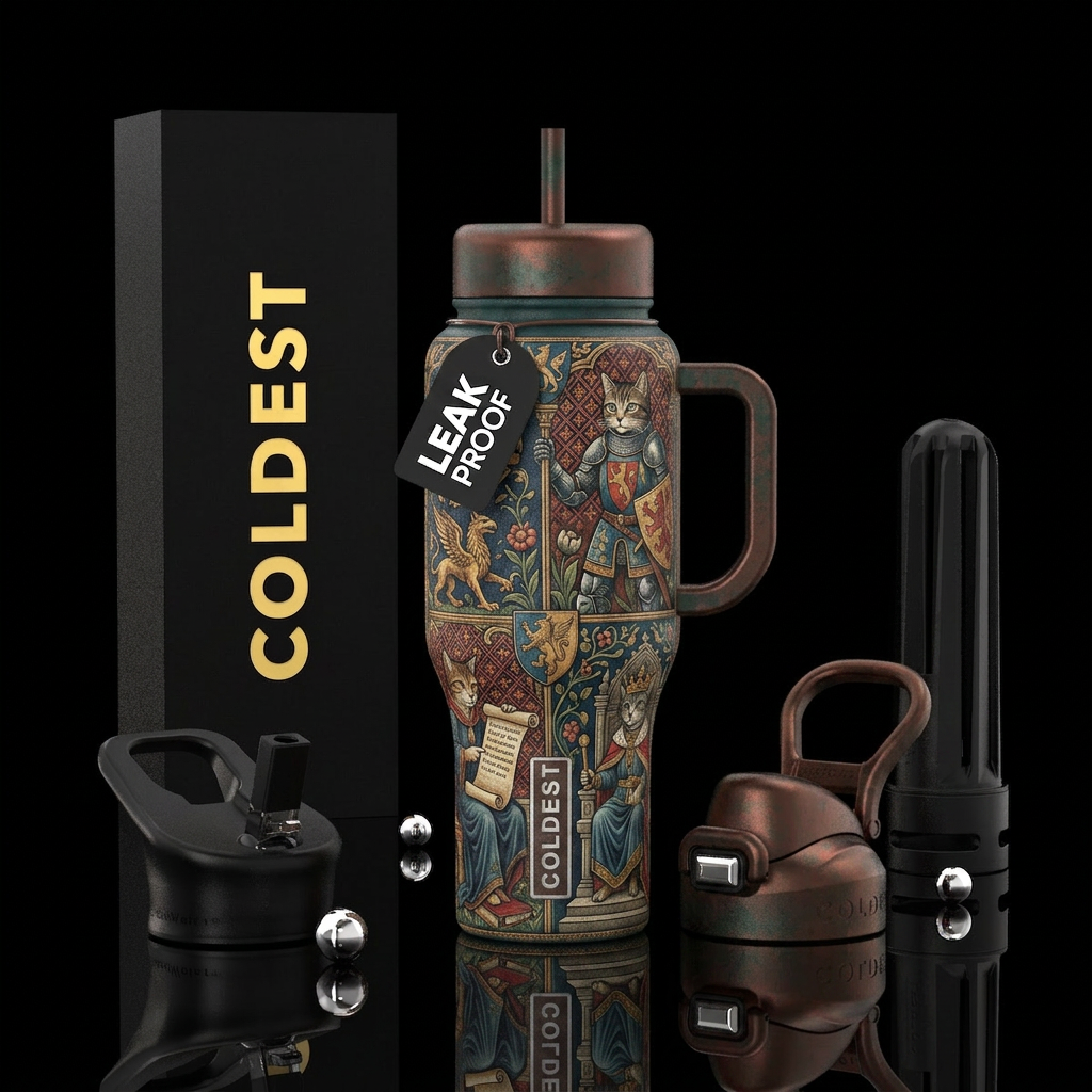 Medieval cats water bottle design
