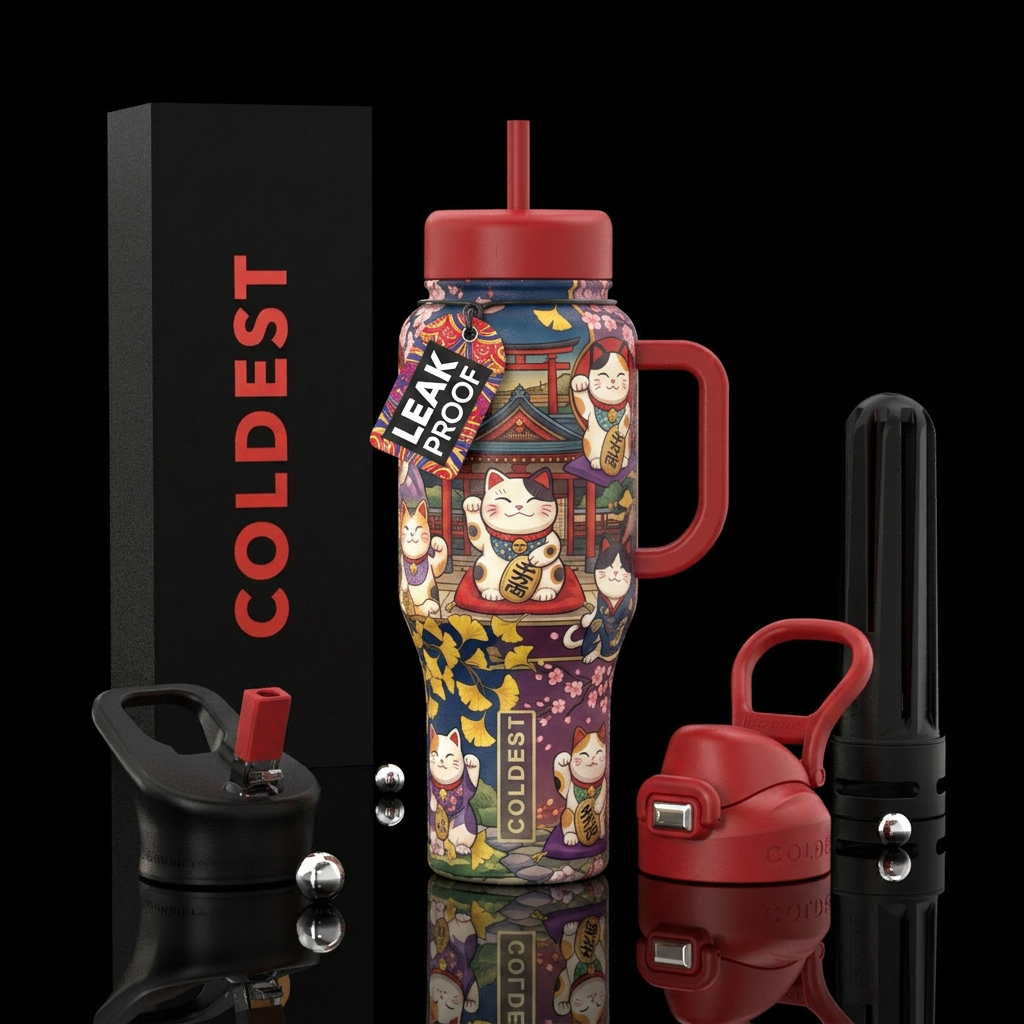 Japanese cat artwork water bottle design