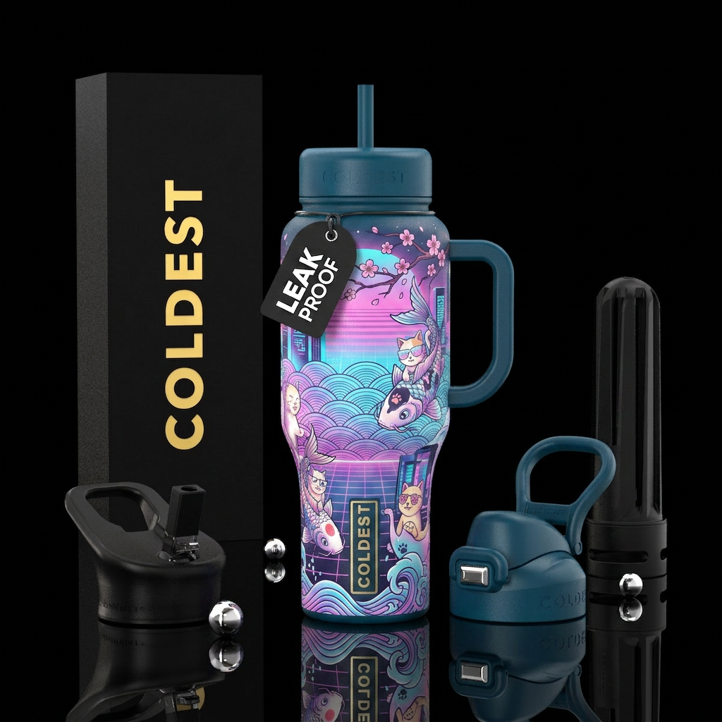 Japanese-inspired ocean art, retro vaporwave aesth... water bottle design