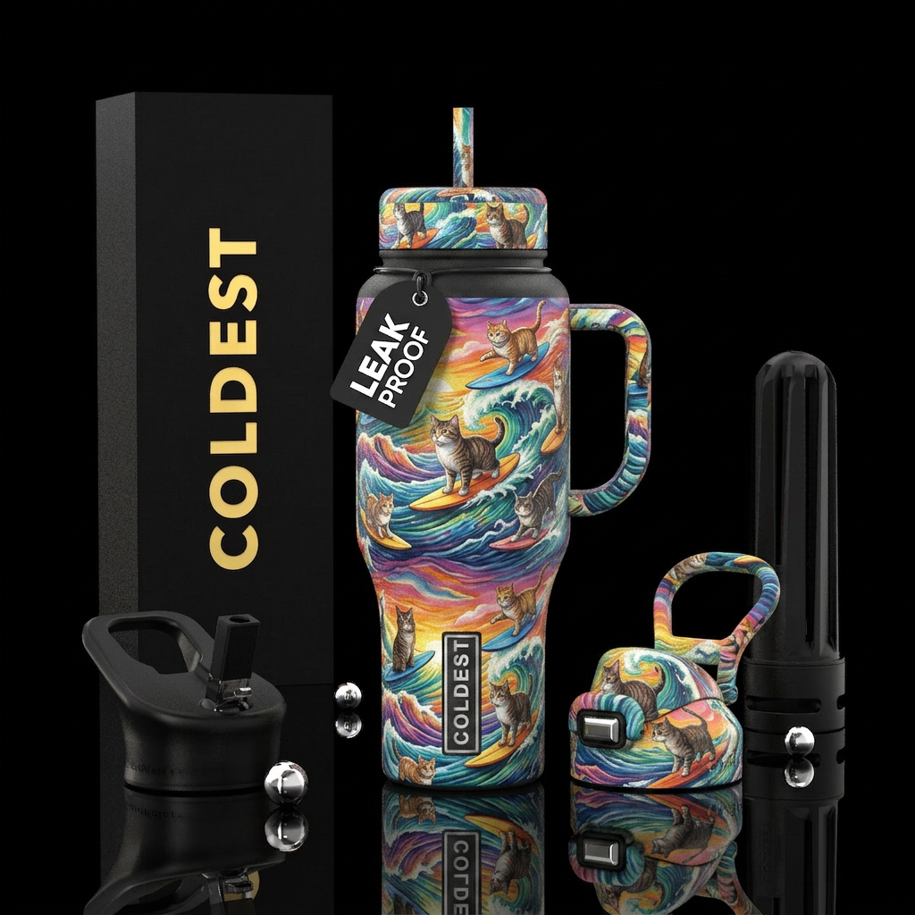 Cats surfing water bottle design